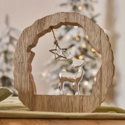 KAEMINGK Decorazioni E Oggetti Natalizi-Tronchetto in legno (H14 cm) Renna e stella Legno biondo