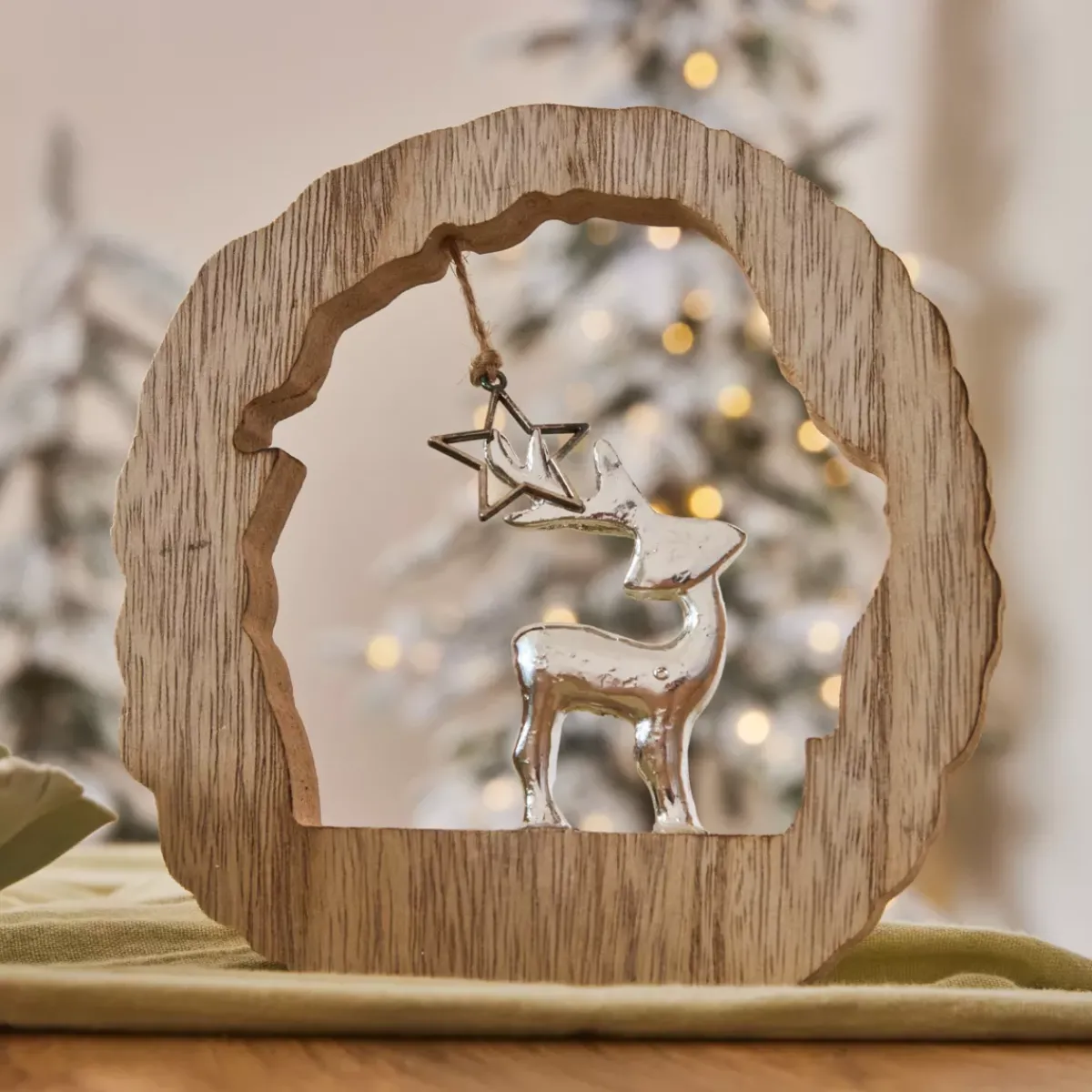 KAEMINGK Decorazioni E Oggetti Natalizi-Tronchetto in legno (H14 cm) Renna e stella Legno biondo