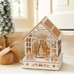 KAEMINGK Villaggio Di Natale In Legno|Oggetti Decorativi E Illuminati-Villaggio di Natale in legno luminoso, musicale e animato a pile (18 x 24 cm) Giardino d'inverno