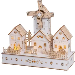 KAEMINGK Villaggio Di Natale In Legno|Oggetti Decorativi E Illuminati-Villaggio di Natale in legno luminoso, musicale e animato a pile (H26 cm) Mulino e borgo