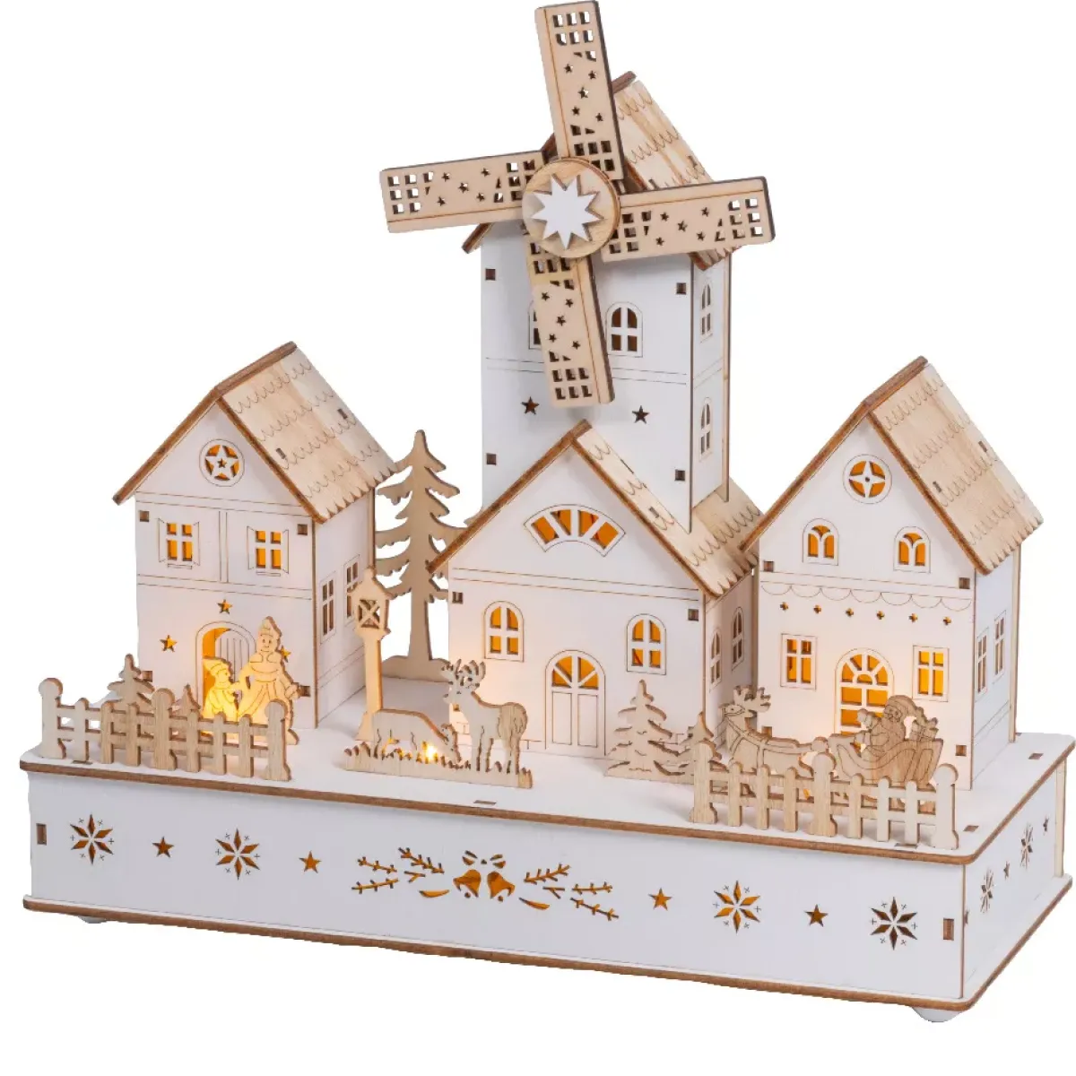 KAEMINGK Villaggio Di Natale In Legno|Oggetti Decorativi E Illuminati-Villaggio di Natale in legno luminoso, musicale e animato a pile (H26 cm) Mulino e borgo