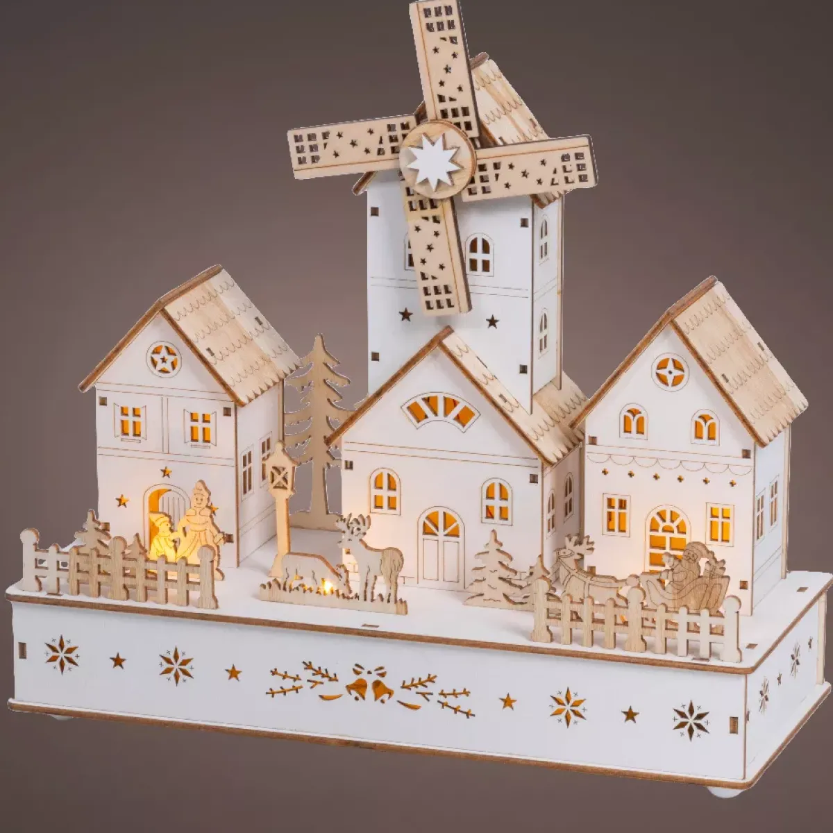 KAEMINGK Villaggio Di Natale In Legno|Oggetti Decorativi E Illuminati-Villaggio di Natale in legno luminoso, musicale e animato a pile (H26 cm) Mulino e borgo