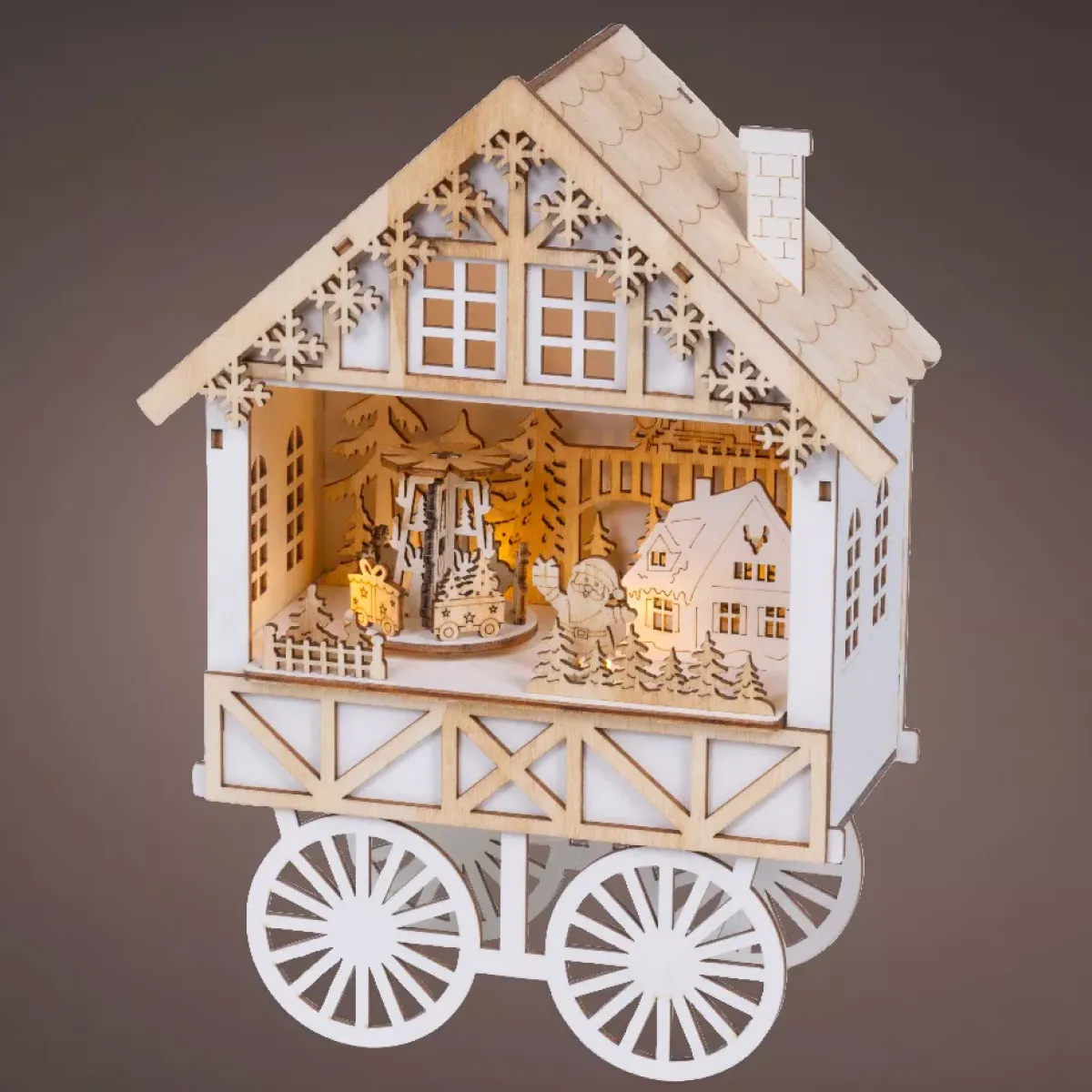 KAEMINGK Villaggio Di Natale In Legno|Oggetti Decorativi E Illuminati-Villaggio di Natale in legno luminoso, musicale e animato a pile (H27 cm) Carro festivo