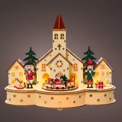 KAEMINGK Villaggio Di Natale In Legno-Villaggio di Natale in legno luminoso e musicale a pile (30 x H24 cm) Chiesa e schiaccianoci