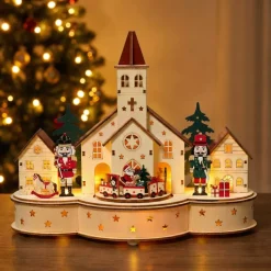 KAEMINGK Villaggio Di Natale In Legno-Villaggio di Natale in legno luminoso e musicale a pile (30 x H24 cm) Chiesa e schiaccianoci