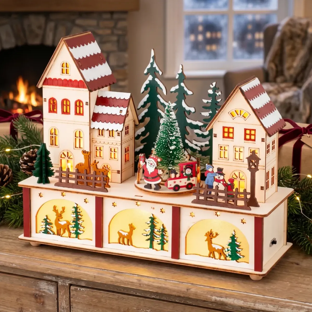 KAEMINGK Villaggio Di Natale In Legno-Villaggio di Natale in legno luminoso e musicale a pile (27 x H22 cm) Cuore del villaggio Colorato