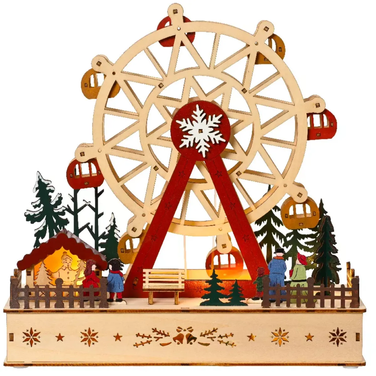 KAEMINGK Villaggio Di Natale In Legno-Villaggio di Natale in legno luminoso e musicale a pile (28 x H28 cm) Grande ruota colorata