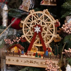 KAEMINGK Villaggio Di Natale In Legno-Villaggio di Natale in legno luminoso e musicale a pile (28 x H28 cm) Grande ruota colorata