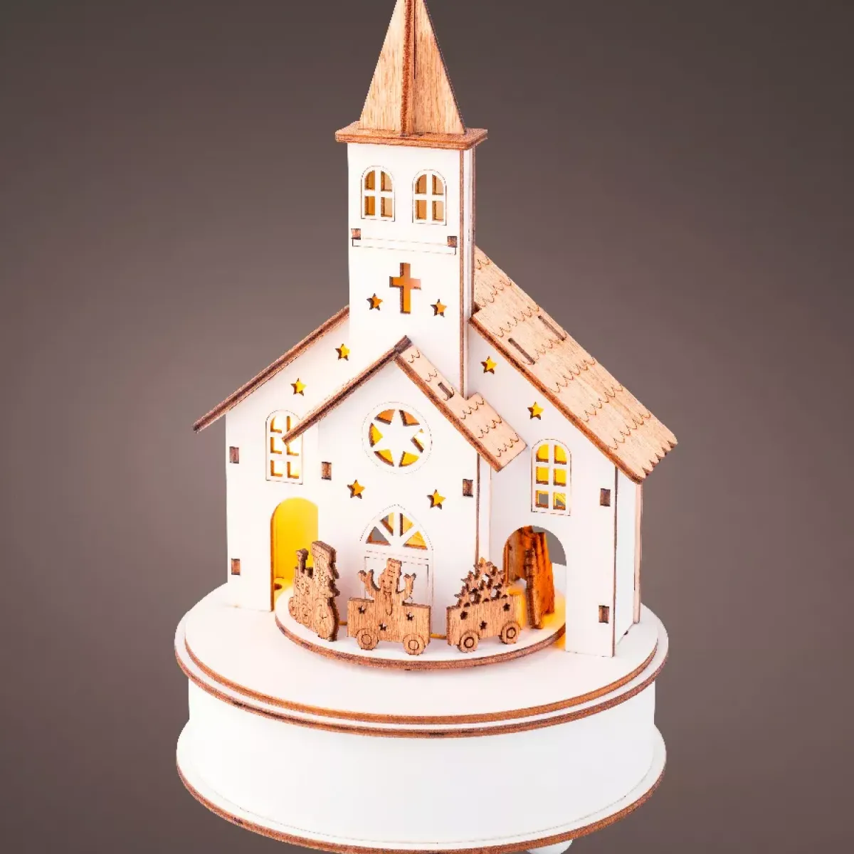 KAEMINGK Villaggio Di Natale In Legno-Villaggio di Natale in legno luminoso e musicale a pile (H24 cm) Chiesa e treno