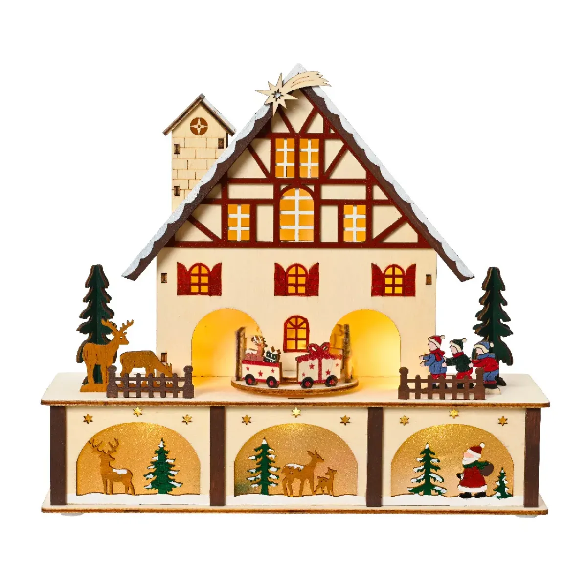 KAEMINGK Villaggio Di Natale In Legno-Villaggio di Natale in legno luminoso e musicale a pile (27 x H24 cm) Chalet Svizzero Colorato