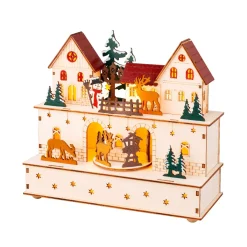 KAEMINGK Villaggio Di Natale In Legno-Villaggio di Natale in legno luminoso e musicale a pile (24 x H21 cm) Villaggio e animali
