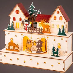 KAEMINGK Villaggio Di Natale In Legno-Villaggio di Natale in legno luminoso e musicale a pile (24 x H21 cm) Villaggio e animali